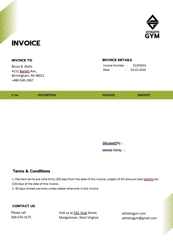 Fitness Trainer Coach Invoice Template PSD template